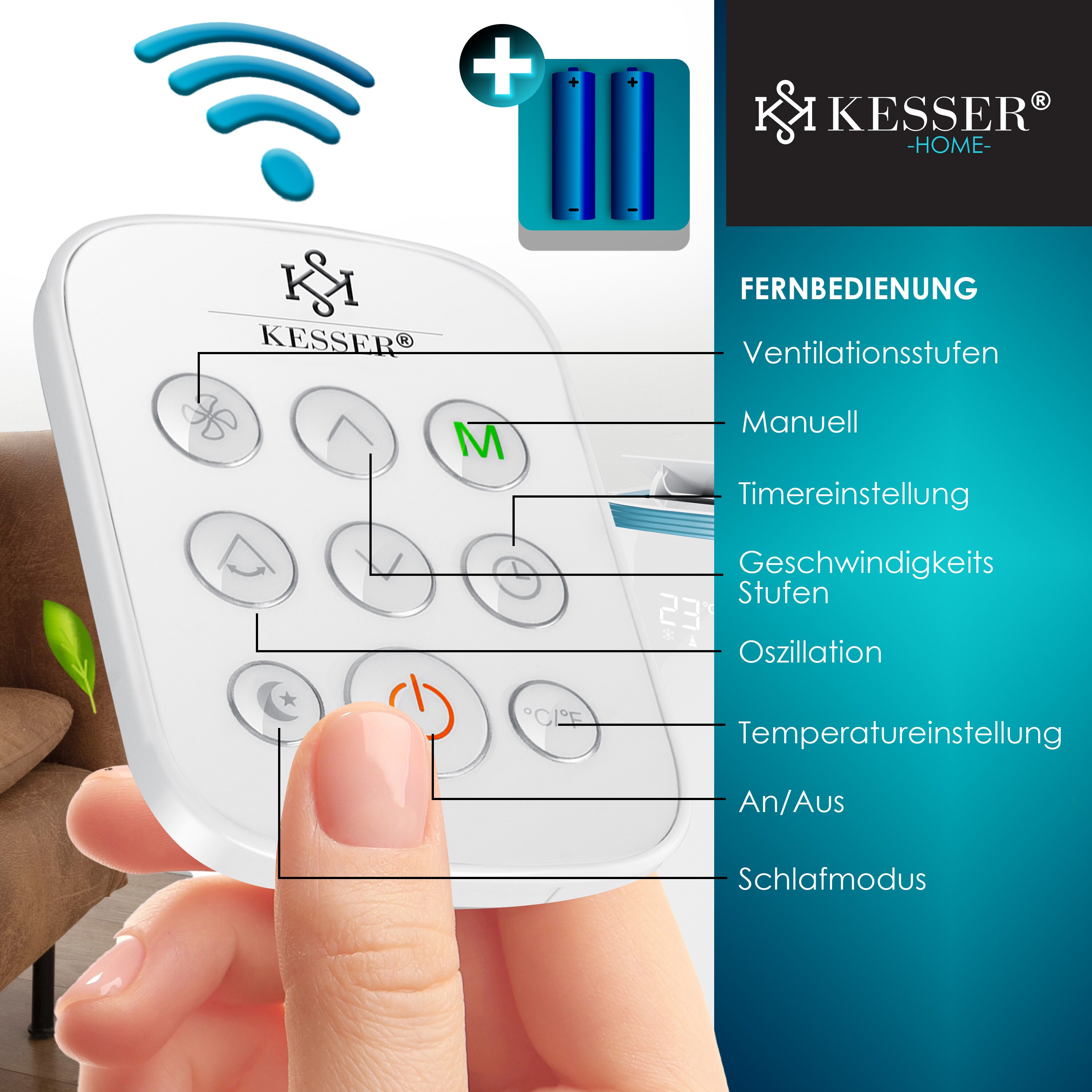 KESSER® Klimaanlage Mobil Klimagerät4in1 kühlen, Luftentfeuchter, lüften, Ventilator - 9000 BTU/h (2.600 Watt) 2,7KW - Klima , Fernbedienung und Timer, Nachtmodul