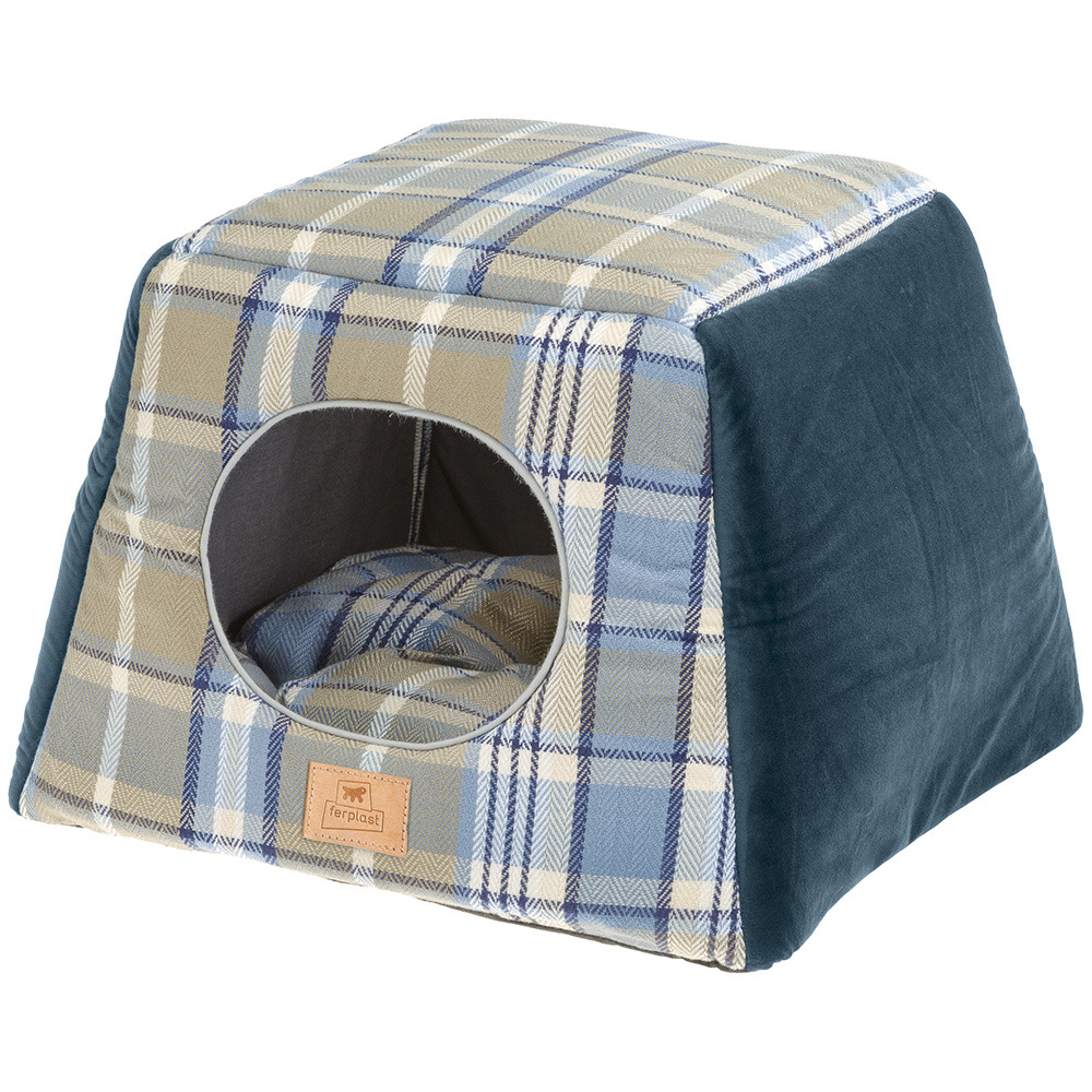Ferplast, maisonnette pour chats d'intérieur edinburgh, couchage avec coussin, lit pour chats, écossais, velours doux, lavable,