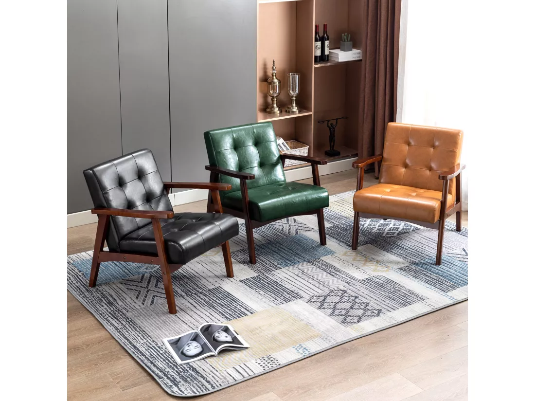 Fauteuil en bois au design scandinave et cuir Vert-L 67 x L 76 x H 76 cm