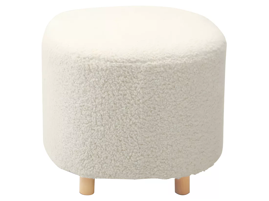 Pouf en tissu bouclette écru imitation laine et pieds en bois - SHAUN