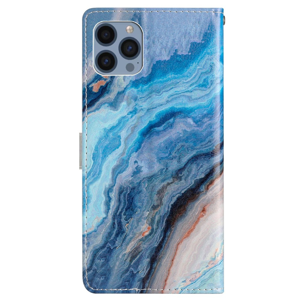 iPhone 15 Pro Leder Tasche mit Kartenfächern - Marble Marmor (Blau)