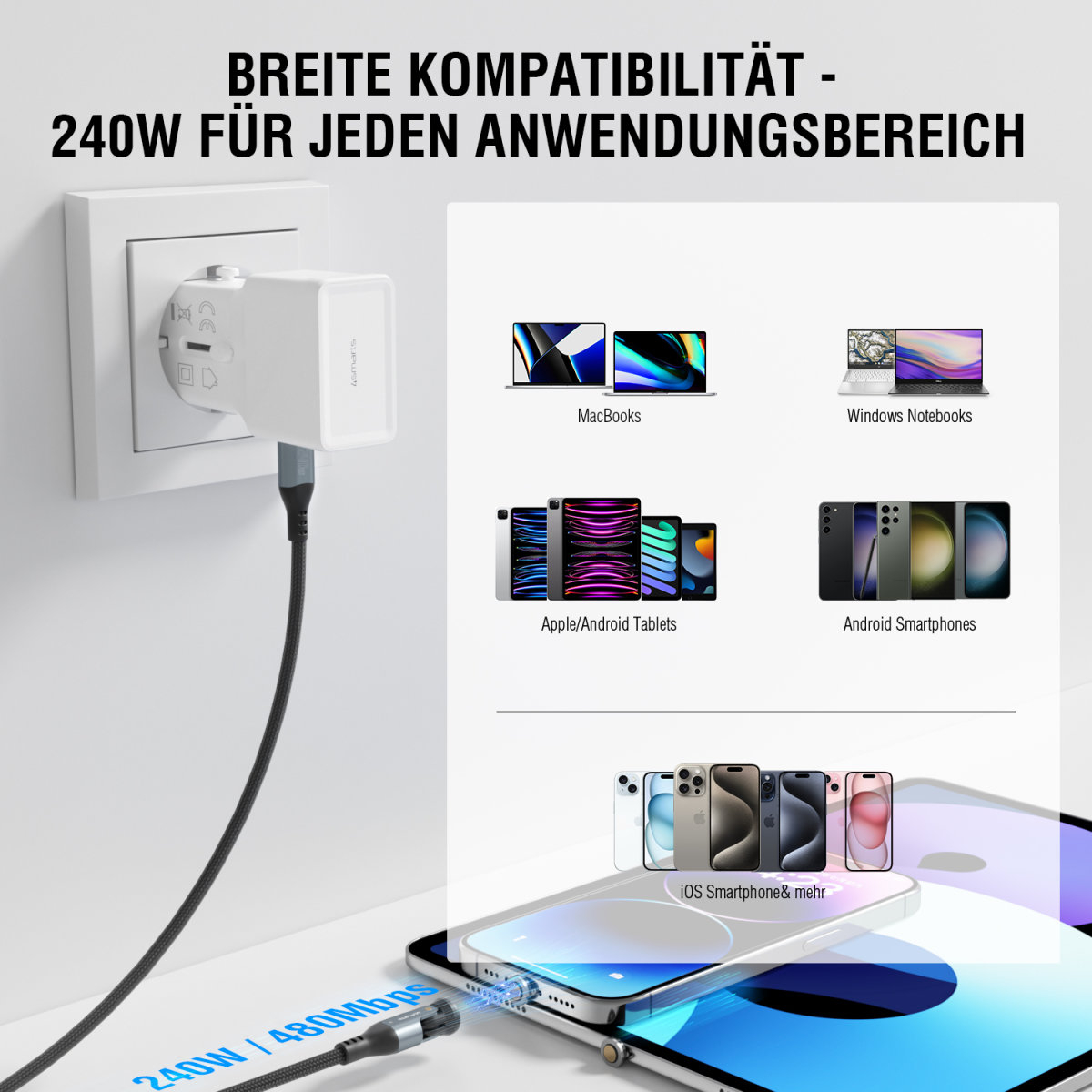 (1.8m) 3in1 USB C auf USB C / Micro USB / Lightning Ladekabel Magnetisches Nylon 540° Datenkabel mit LED (541237) - Schwarz