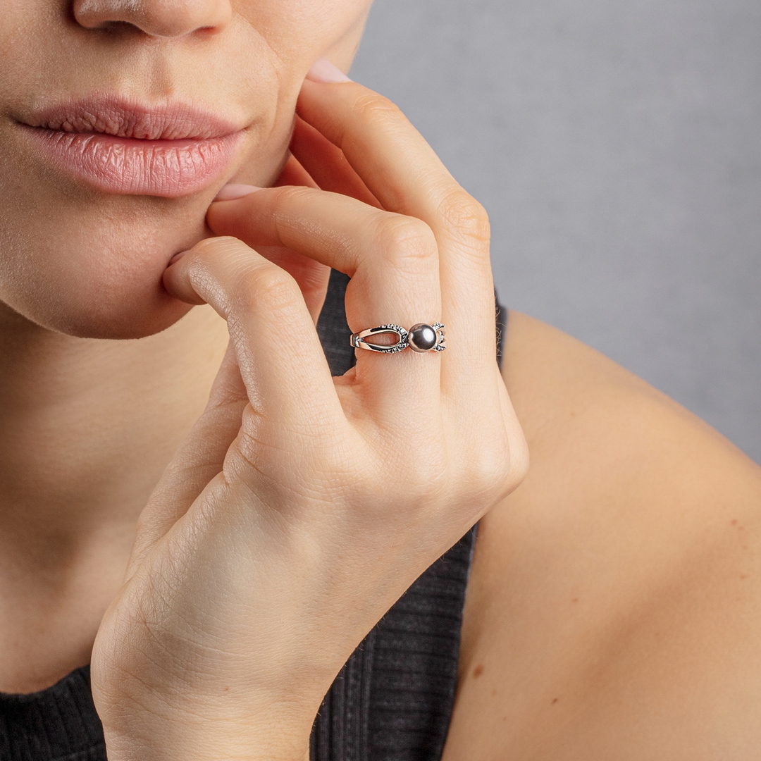 Damenring 925 Silber rhodiniert mit schwarzer Kunstperle 6mm und Zirkonia