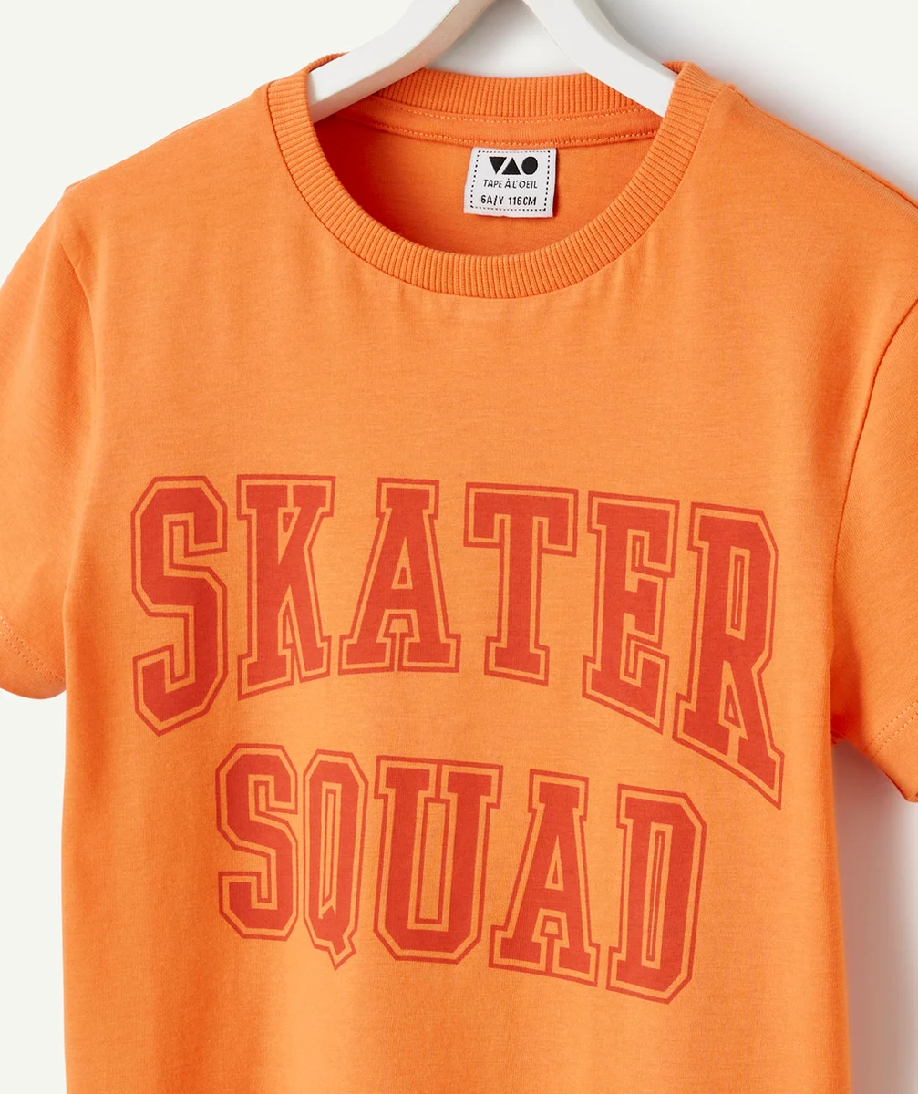 T-SHIRT MANCHES COURTES GARÇON ORANGE EN COTON BIO THÈME CAMPUS