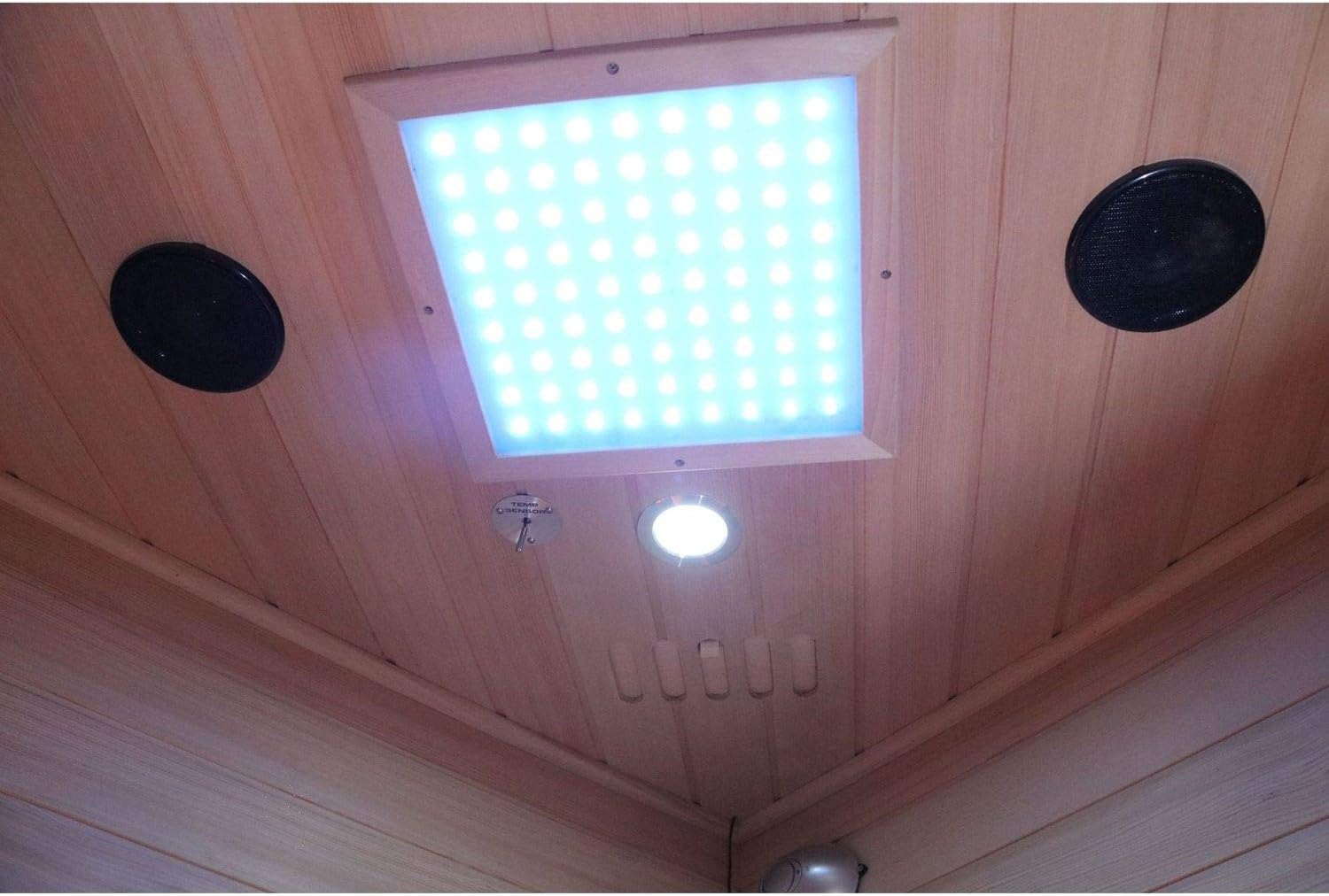 Dewello® Infrarotkabine Infrarotsauna LAKEFIELD 140cm x 140cm für 2-3 Personen aus Hemlock Holz mit Vollspektrumstrahler, LED-Farblicht, Bluetooth, FM,MP3,USB