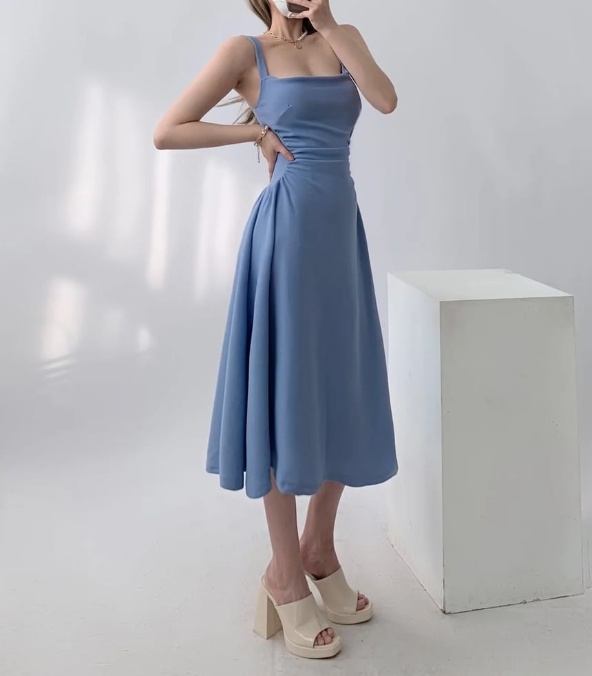 Asiris - Midi bodycon-jurk met spaghettibandjes en vierkante hals, effen ruches