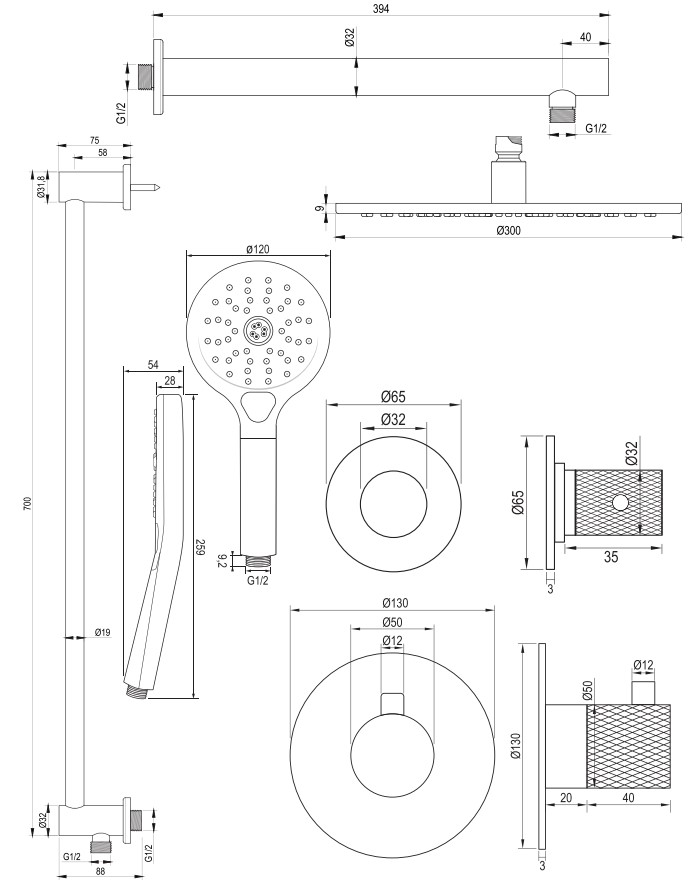 Brauer Gunmetal Carving complete inbouw regendouche set 20 met 30cm douchekop, rechte muurarm, 3 standen handdouche en glijstang gunmetal geborsteld PVD