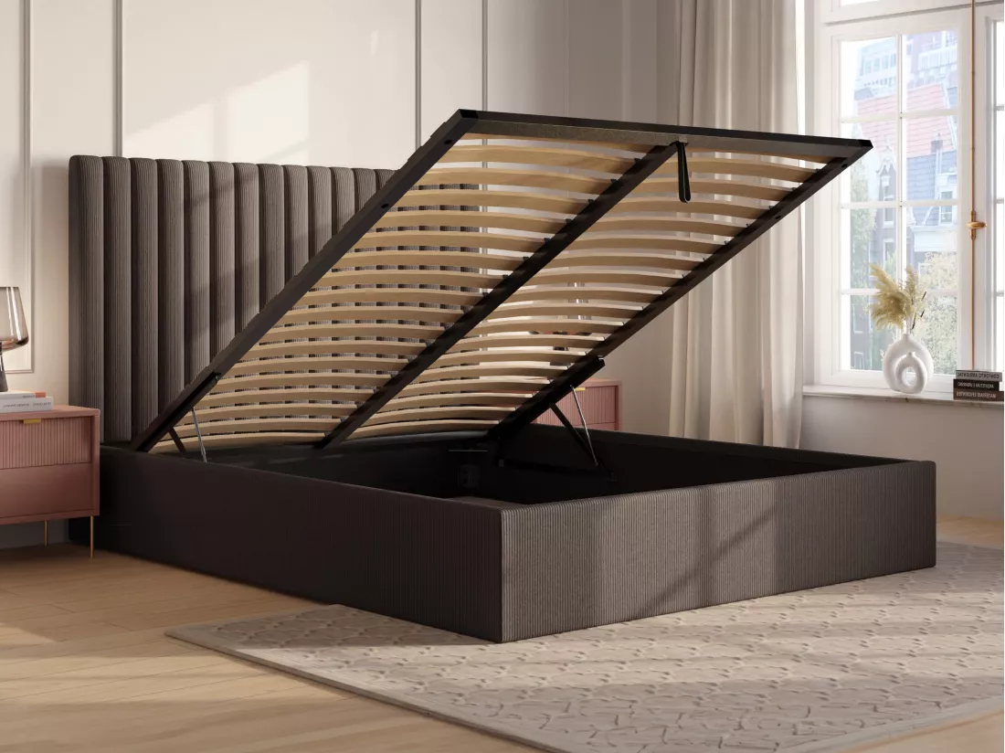 Lit coffre 140 x 190 cm avec tête de lit coutures verticales - Velours côtelé - Taupe - SARAH
