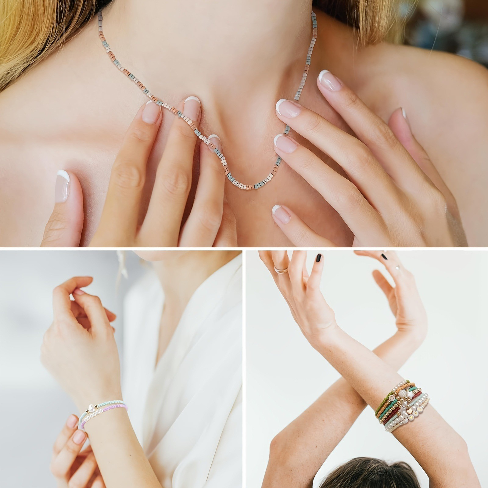 (8000-tlg. Set) Runde Mini Perlen DIY Bastel Schmuck Buchstaben / Muscheln Zwischenperle inkl. Nylonband für Armband / Kette - Bunt