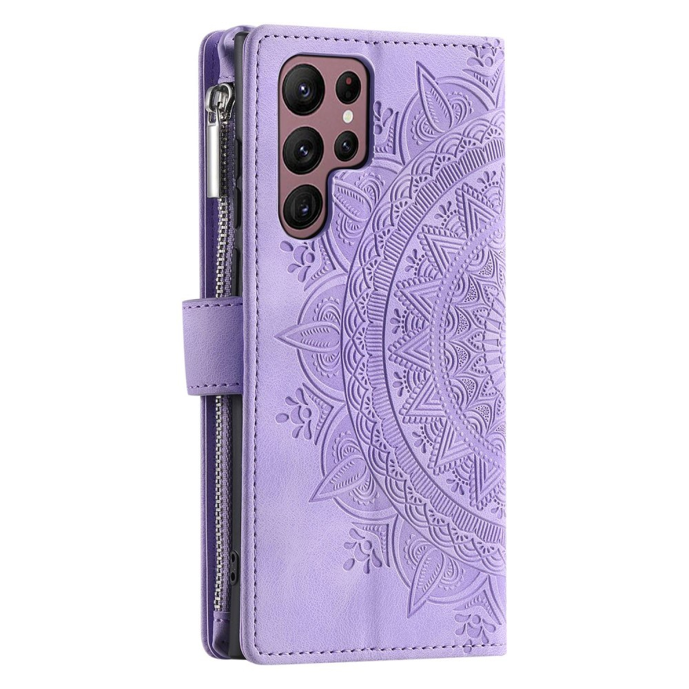 Samsung Galaxy S23 Ultra 5G Leder Tasche Flip Cover mit Reissverschluss - Mandala Flowers Imprint - Lila
