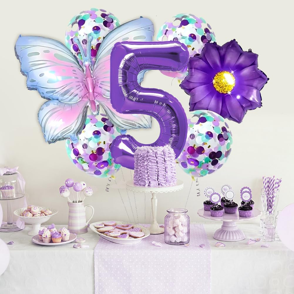 (7-tlg. Set) Zahlen Ballon Kinder Geburtstags Party Folienballon inkl. Latex Luftballons - Zahl 5 / Schmetterling