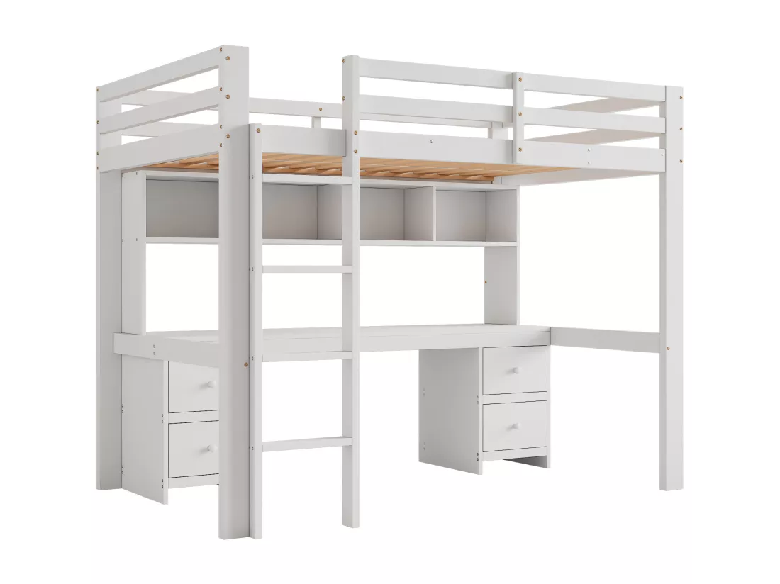 Lit mezzanine 90 x 200 cm avec bureau, bibliothèque, tiroirs et échelle, Bois MDF, Blanc