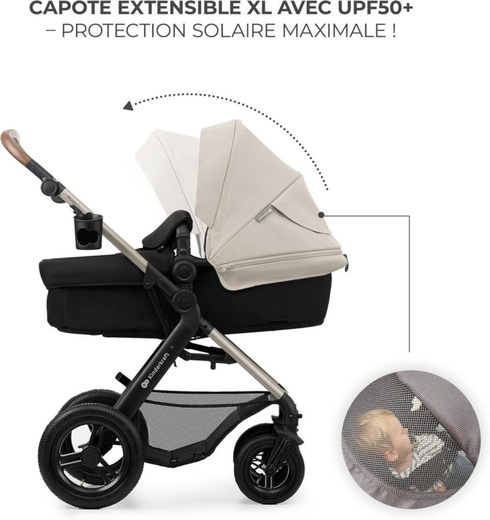Poussette 3-en-1 Kinderkraft MOOV2, système de voyage de la naissance à 27 kg, siège auto Mink PRO I-Size inclus, pare-soleil extensible avec filtre UPF50+, accessoires pratiques, gris