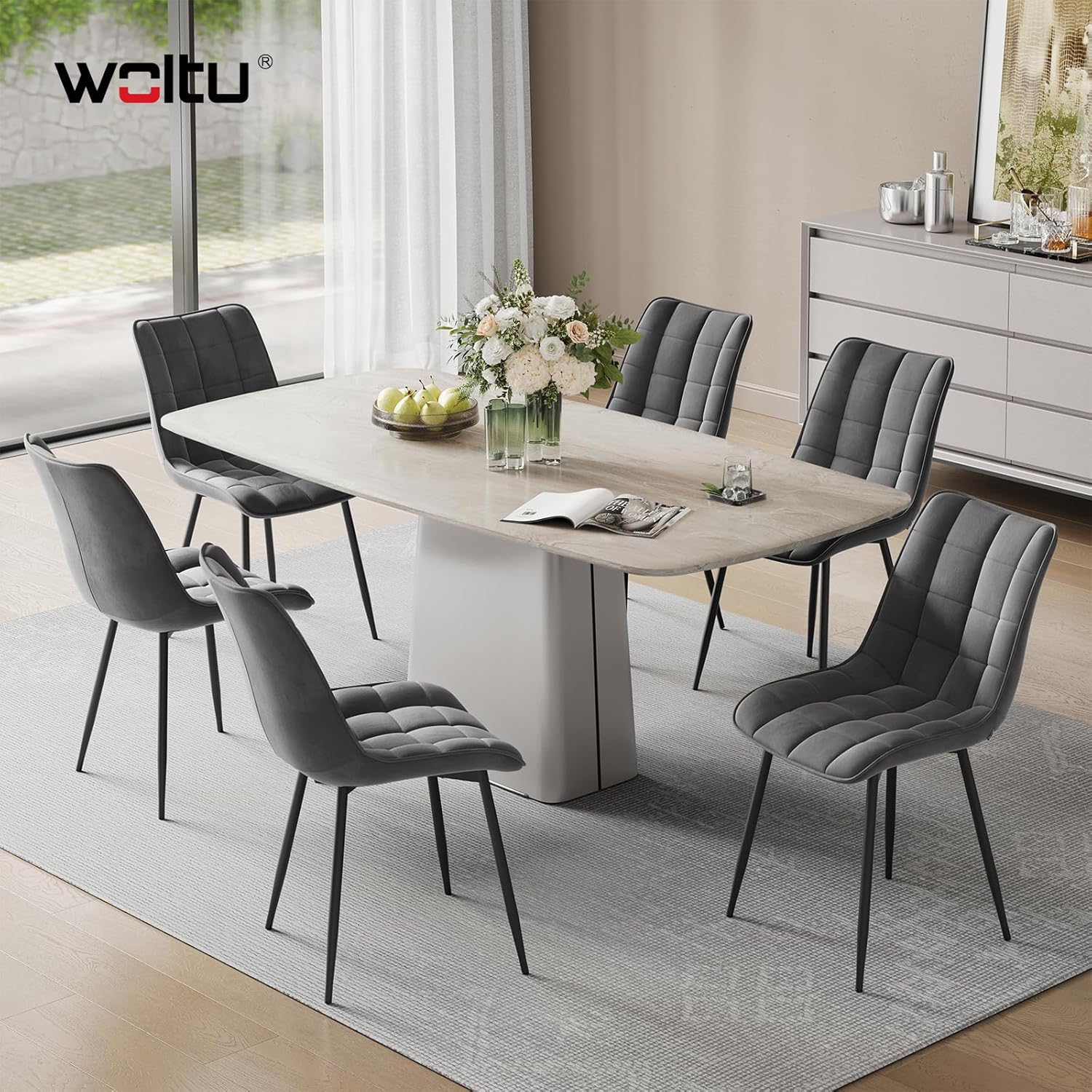 WOLTU Esszimmerstühle 6er Set, für Wohnzimmer Küche Esszimmer, Küchenstühle gepolstert mit Rückenlehne, Sitzfläche aus Samt, mit Metallbeinen, bis 150 kg belastbar,Dunkelgrau