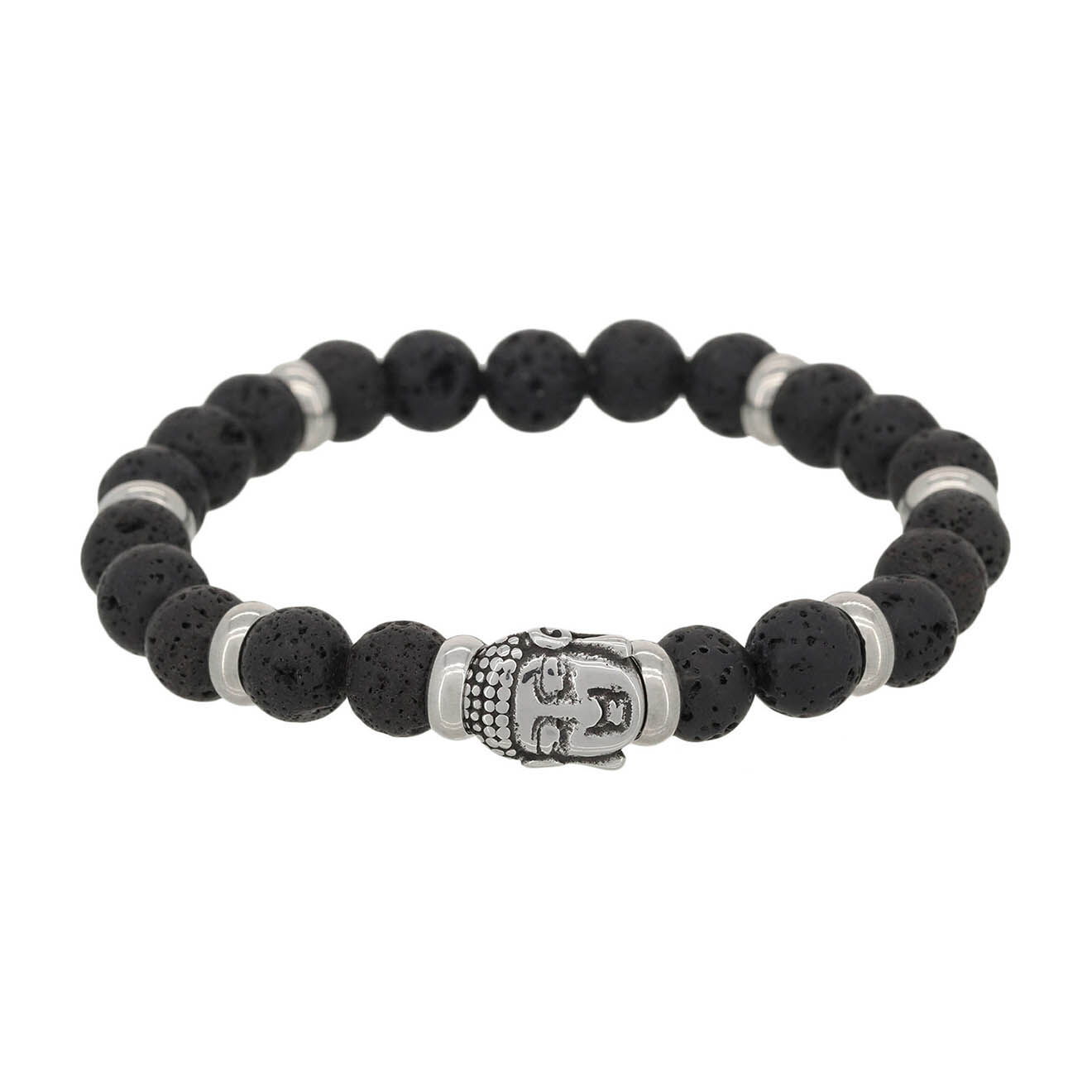 Jacobson Bracelet Bouddha en Acier & Pierres de Lave noires