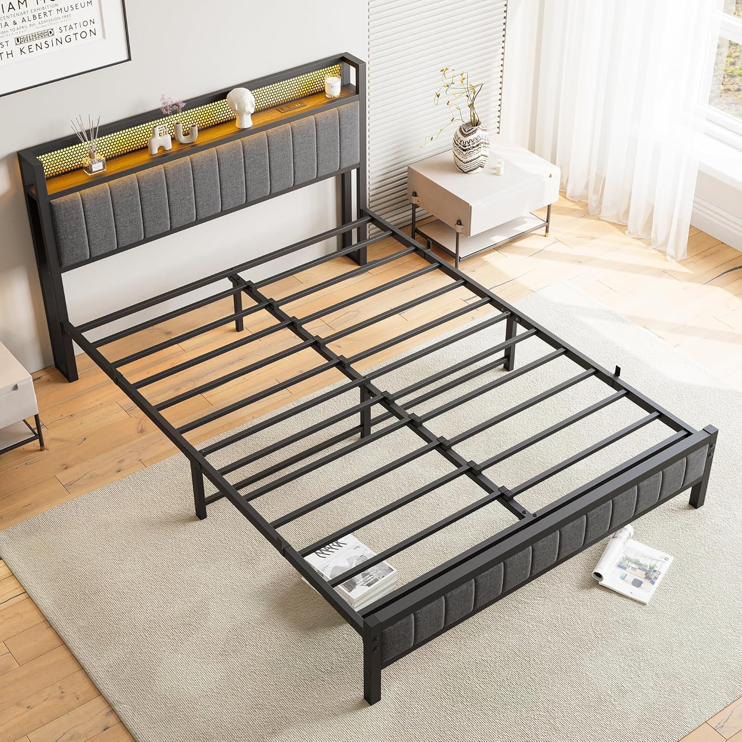 Polsterbett 160x200 mit Lattenrost aus Metall,Bettrahmen Metallbett Bettgestell 160x200 mit LED Beleuchtung,Ladestation,Doppelbett Gästebett Jugendbett,für Schlafzimmer Gästezimmer,Grau