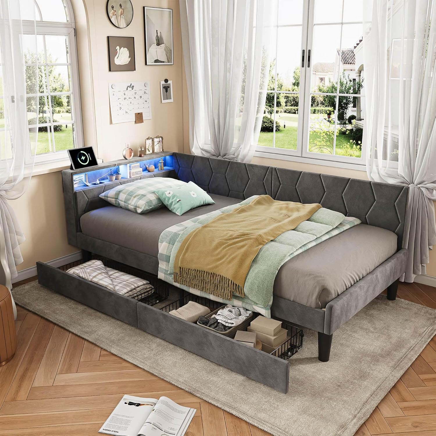 BestAlice Polsterbett 90x200 cm mit 2 Schubladen,Bett 90x200 mit Stauraum und LED,Einzelbett mit Kopfteil und Staufach,Modern Jugendbett Erwachsenenbett,Bettgestell mit Lattenrost,Grau,Samt XY7881815