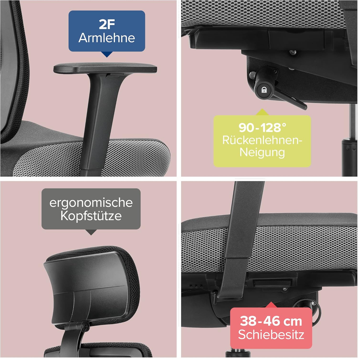 Dauphin Indeed Performance Operator, ergonomischer Bürostuhl & tiefenverstellbarer Lordosenstütze, höhenverstellbarer Kopfstütze, 2F-Armlehnen, Drehstuhl (Polsterrückenlehne + Kopfstütze)