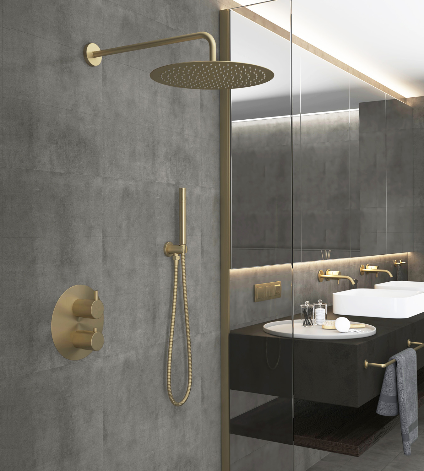 Saniclear Brass inbouw regendouche rond met 20cm hoofddouche en muurarm geborsteld messing mat goud