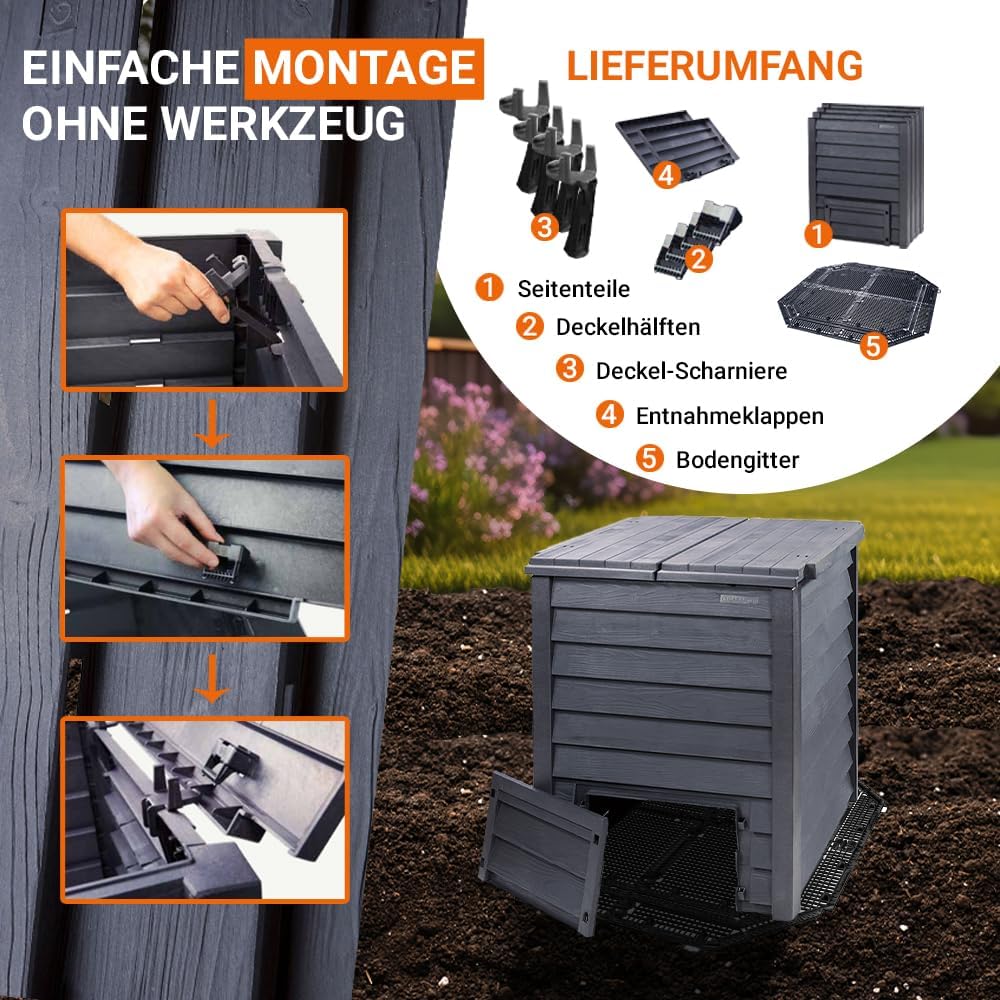 Garantia Thermo-Wood Komposter 400 Liter inkl. Bodengitter anthrazit-braun - Komposter Garten, Schnellkomposter, Abfall & Recycling, Biomüll, Komposteimer, Garten Zubehör, Thermokomposter, Garten