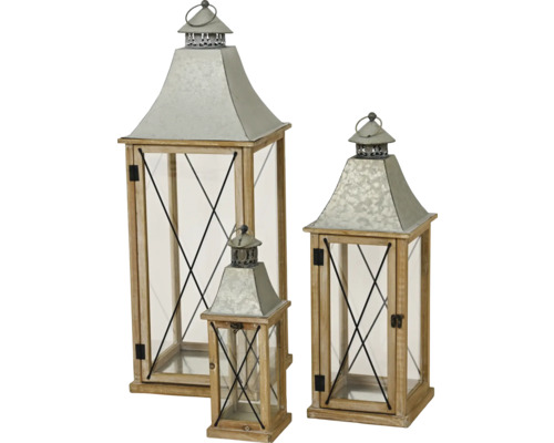 Set van 3 houten lantaarns met blikken dak 30 x 30 x 84 cm / 22 x 22 x 62,5 cm / 14 x 14 x 32 cm bruingrijs