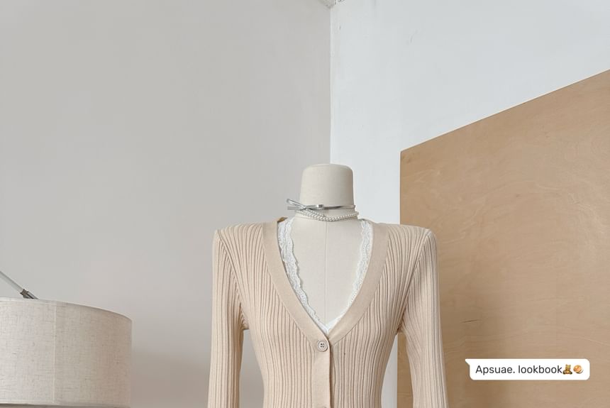 Dute - V-hals kanten crop top / lange mouwen knoopjes-effen mini A-lijn gebreide jurk