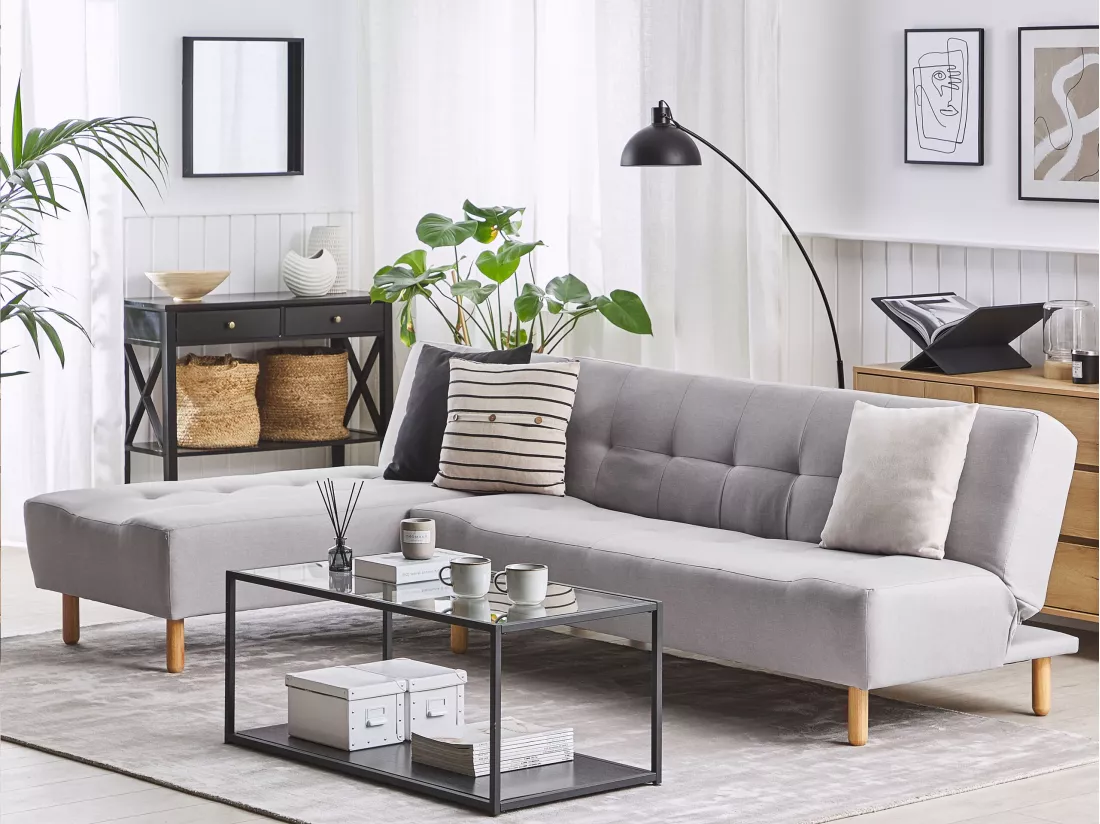 Canapé angle à gauche convertible en tissu gris clair 4 places ALSTEN