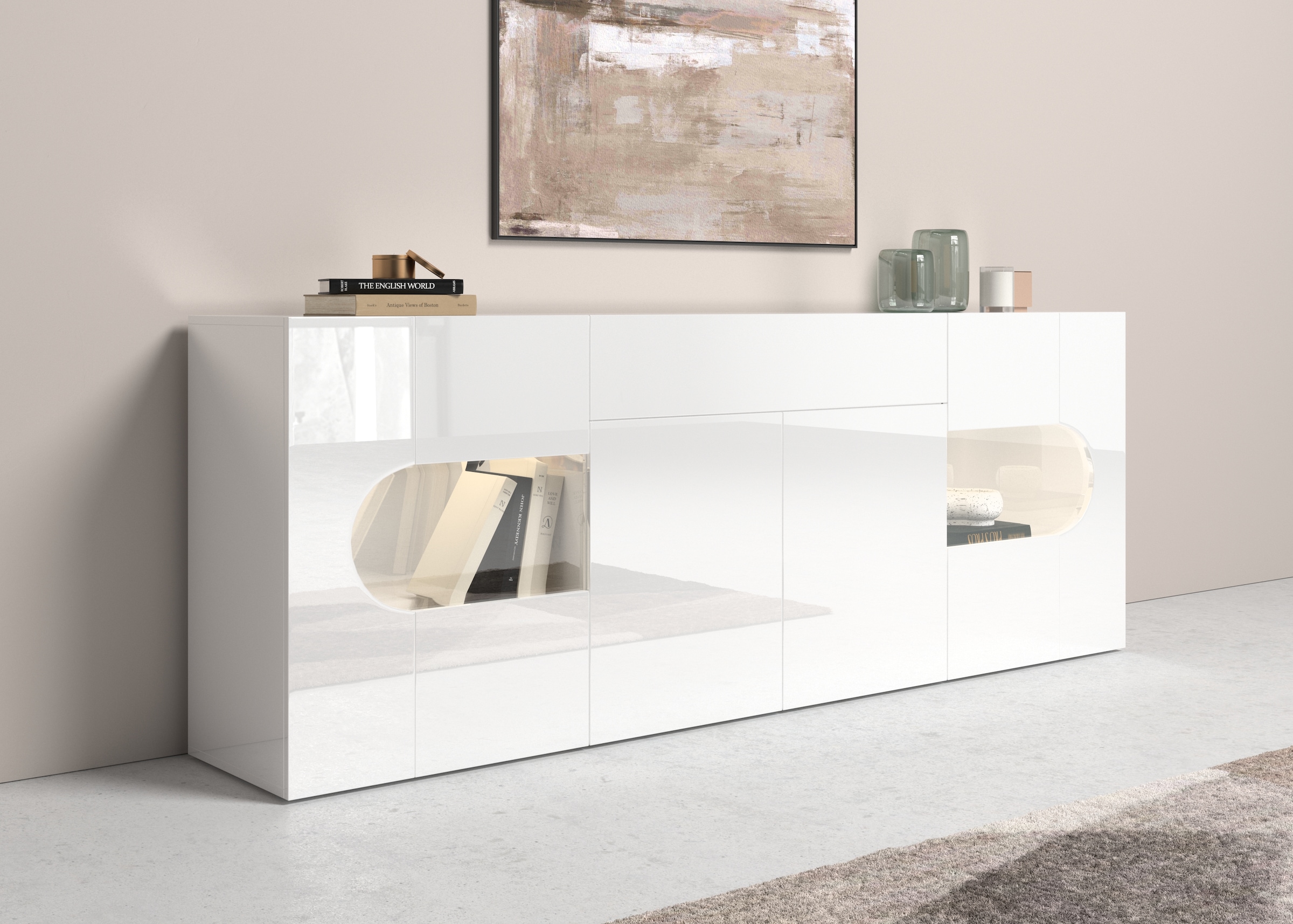 INOSIGN Sideboard »Real,Vitrine,Kommode,Schrank,komplett hochglanz lackiert« mit  4 Türen davon 2 Glastüren und 1 Schublade ohne Griff Breite 220cm