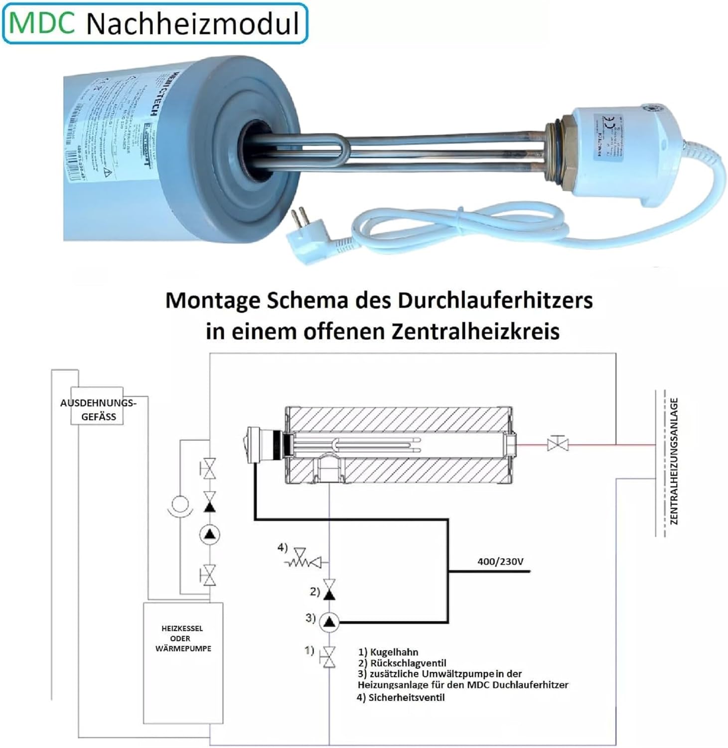 Heizmodul PV Solar Heizung Zusatzheizung Durchlaufheizung MDC400 Heizstab 4,5kW, 6kW 230/400V (MDC400 + Heizstab 6kW)