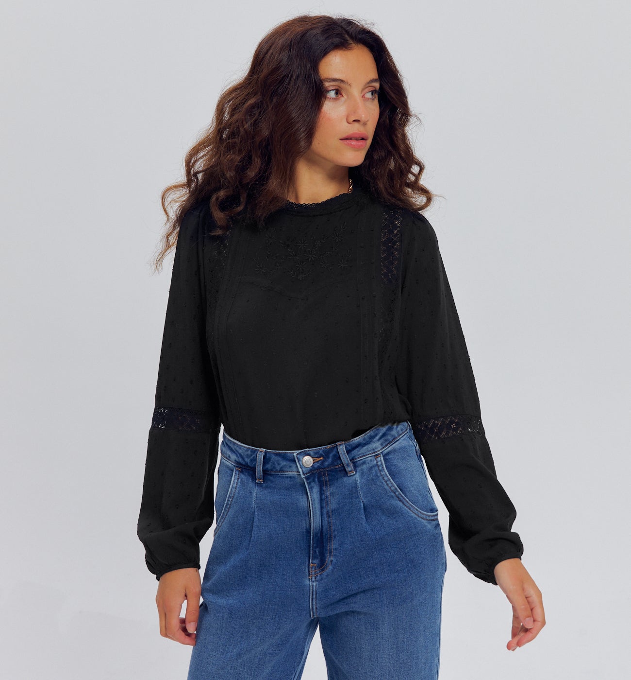 Blouse rétro brodée Femme - Noir