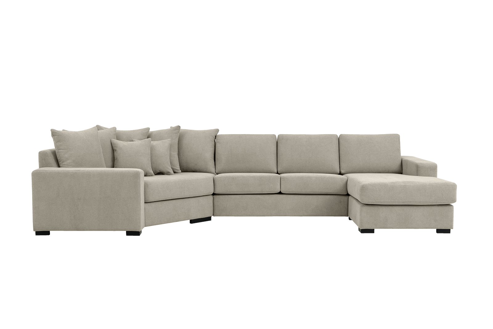 Modern Living U-sofa Cosy Corner venstre og 2-seter med sjeselong høyre.Tekstil Brooklyn 14 Latte med Arm A og ben 2 sortbeiset eik.