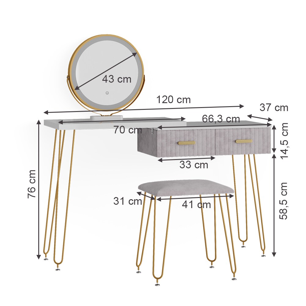Vicco Schminktisch Frisiertisch Schminkkommode Zoey Weiß Grau LED-Spiegel Design-Hocker 120x76 cm modern Schlafzimmer Kommode Schublade Ablage Aufbewahrung Touch-Switch Kosmetiktisch Make-Up-Tisch