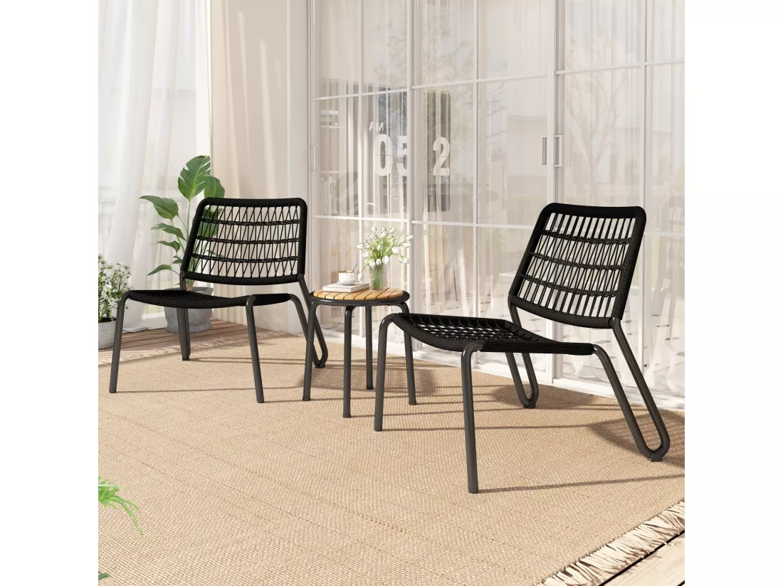 Lot de 3 salon de jardin en acier galvanisé - 2 fauteuils ergonomique et une table d'appoint ronde - charge max 160kg - Noir