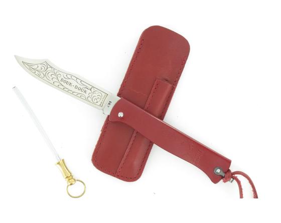 Douk Douk 200 Inox - Manche Acier Couleur ROUGE - GAINE CUIR Couteau de poche Le Thiers par Cognet Douk Douk