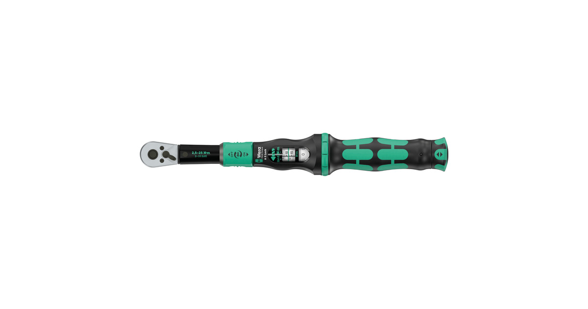 WeraClick-Torque Lock A 5 draaimomentsleutel  (Zwart/groen, Instelbaar, Torque Lock functie, omschakelratel, rechtsom vastdraaien, 2,5-25 Nm)