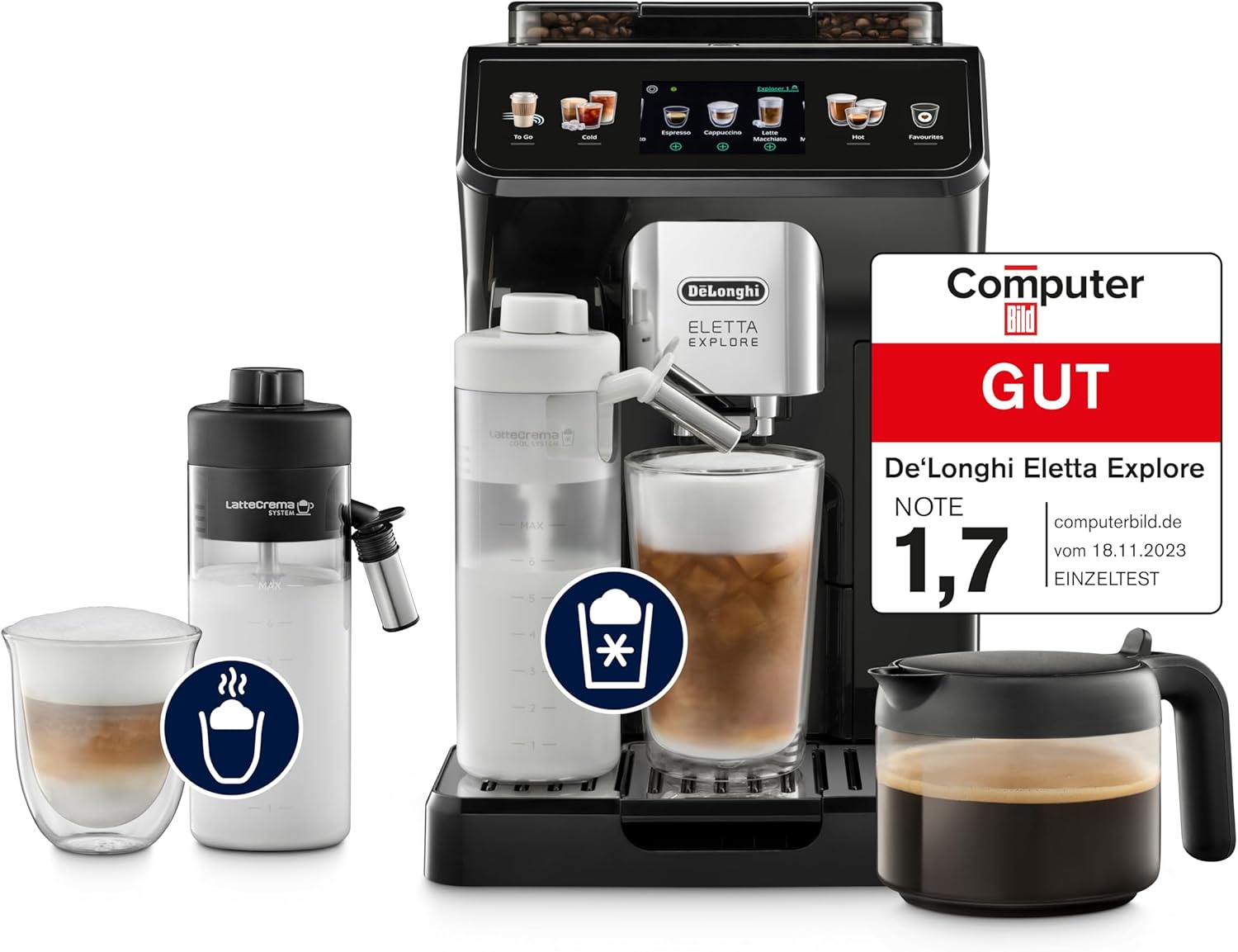 De'Longhi Eletta Explore - Perfetto Kaffeevollautomat mit LatteCrema-Milchaufschäumer, 40 Getränke auf Knopfdruck, farbiges Touch-Display, Dunkelgrau (ECAM452.57.G)