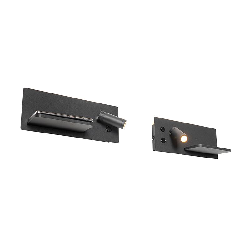 Set van 2 wandlamp zwart incl. LED met USB en inductielader - Riza