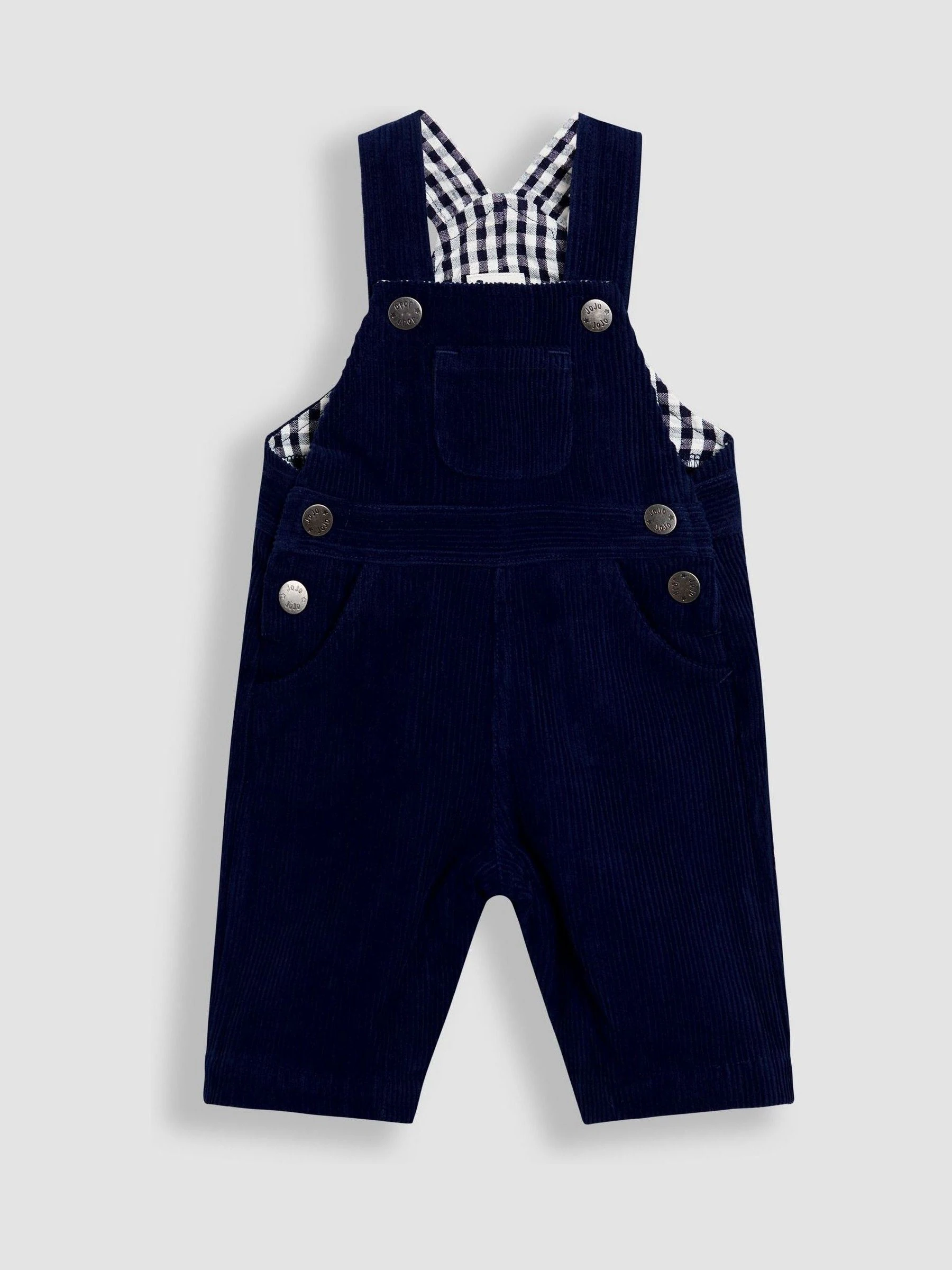 Donkerblauw - JoJo Maman Bébé 2-delige set van klassieke corduroy bretelbroek en gestreepte top