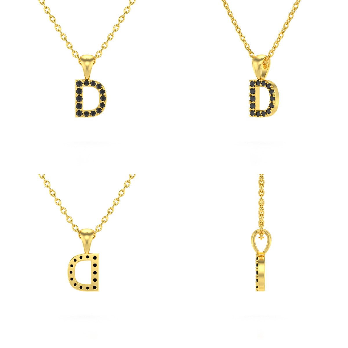 Collier Pendentif ADEN Lettre D Or 750 Jaune Diamant Noir Chaine Or 750 incluse 0.72grs