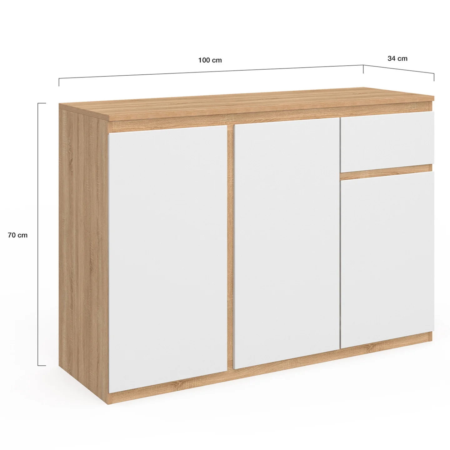 Buffet 100 cm TOMI 3 portes et 1 tiroir blanc et bois