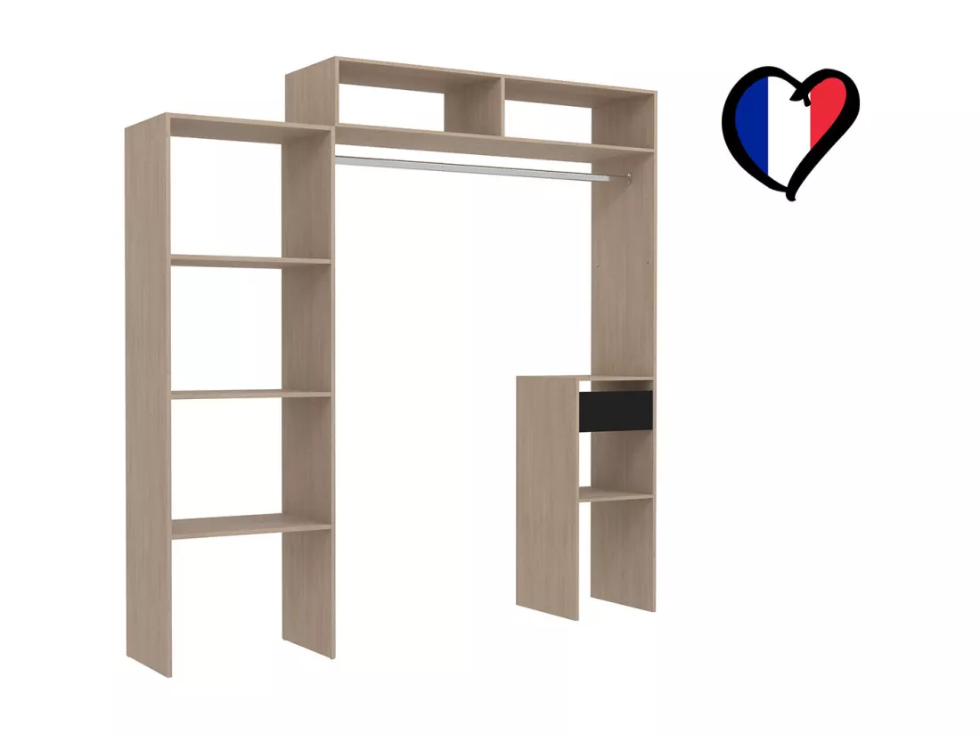 Dressing bois extensible avec penderie, étagères, tiroirs ELYSEE