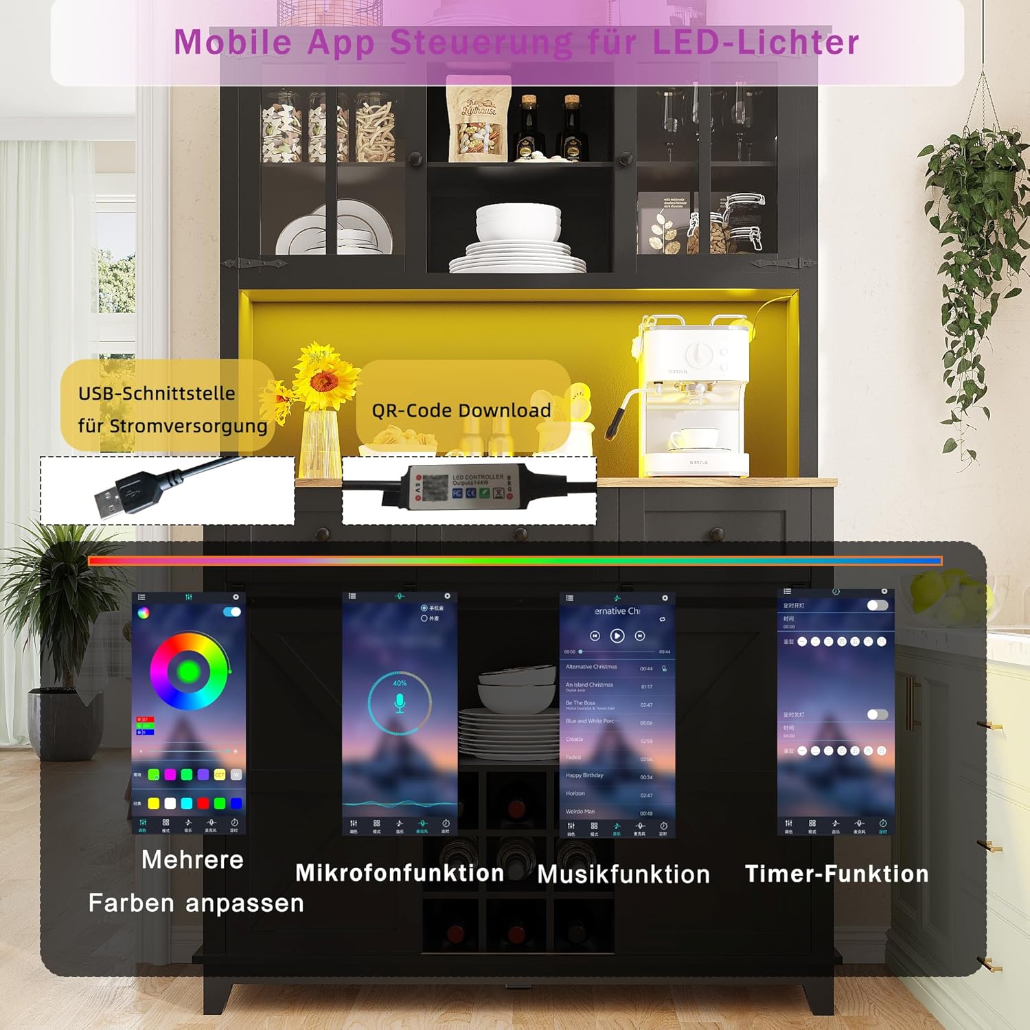 Merax Küchenschrank mit Arbeitsplatte, Hochschrank Küchenbuffet, Buffetschrank mit LED-Beleuchtung, Schubladen und Glas Türen, Verstellbaren Ablagen & Weinregal, Schwarz, 105x38.4x180cm