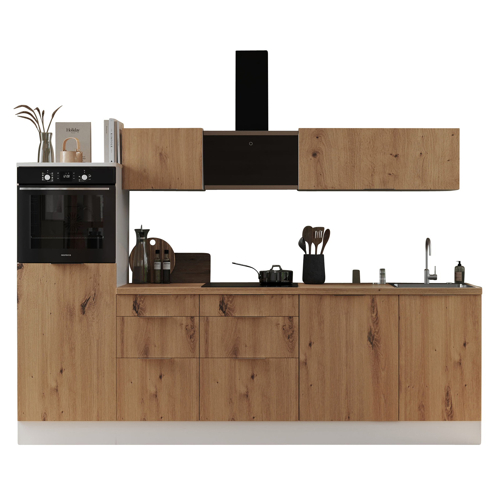 RESPEKTA Küchenblock - Artisan Eiche - weiß matt - mit E-Geräten - 280 cm