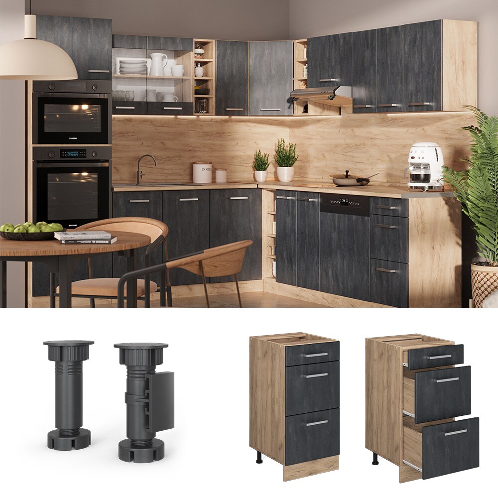 Vicco Schubladenunterschrank R-Line Schwarz Beton Eiche 40 cm mit Arbeitsplatte Eiche