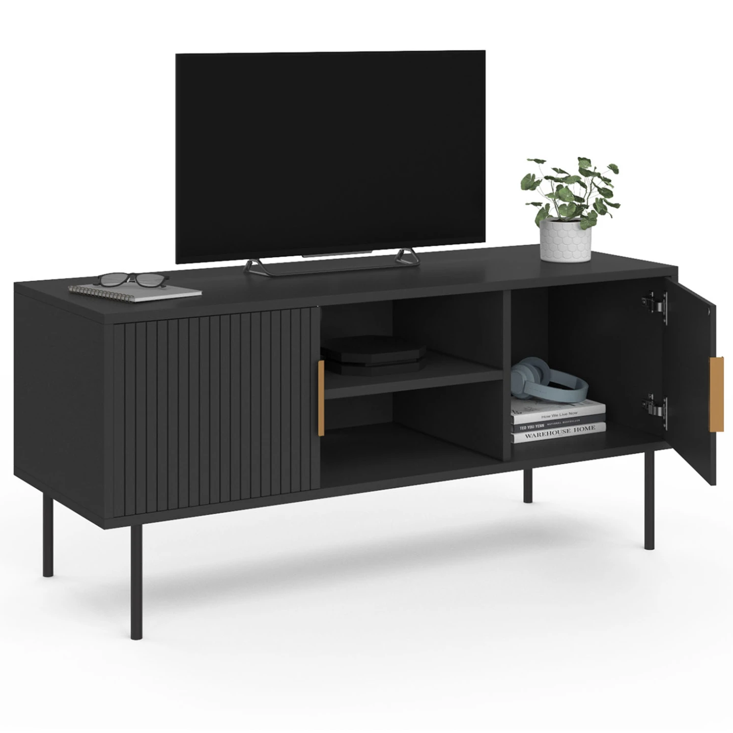 Meuble TV 110 cm MARCEL 2 portes lattes tasseau bois noir