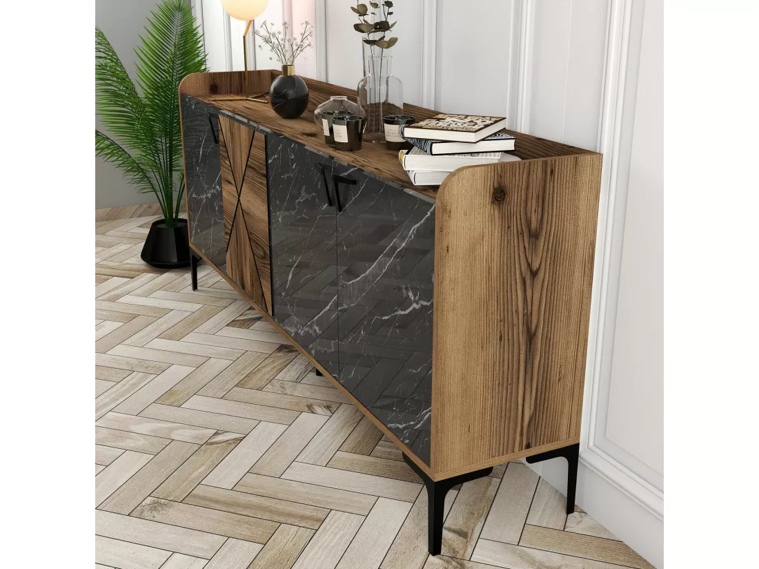 Buffet Dkoulibal, Buffet du salon, Commode de salon, Garde-manger de cuisine, 180x35 h79 cm, Noyer et Noir