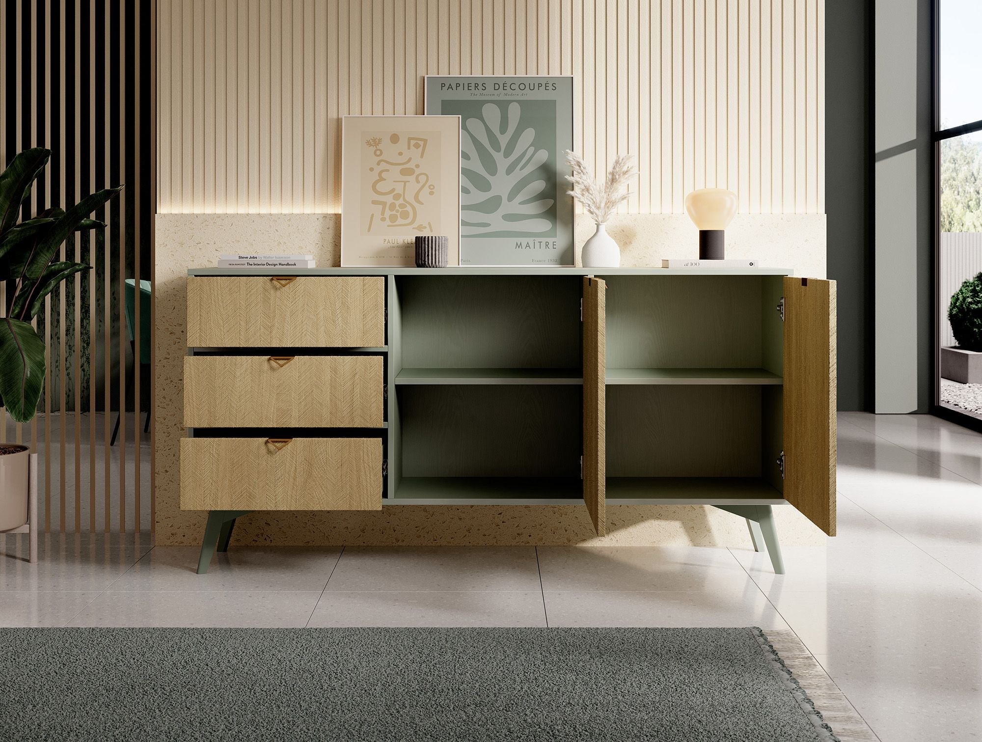 Meubella - Dressoir Essence - Groen - Licht eiken - 158 cm