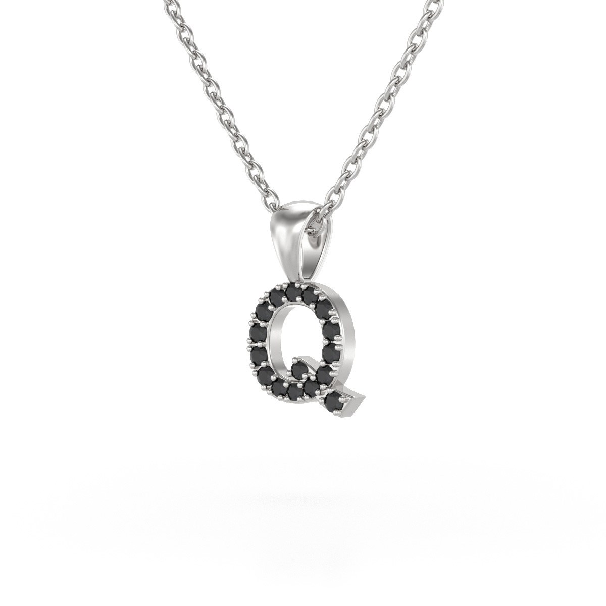 Collier Pendentif ADEN Lettre Q Or 750 Blanc Diamant Noir Chaine Or 750 incluse 0.72grs