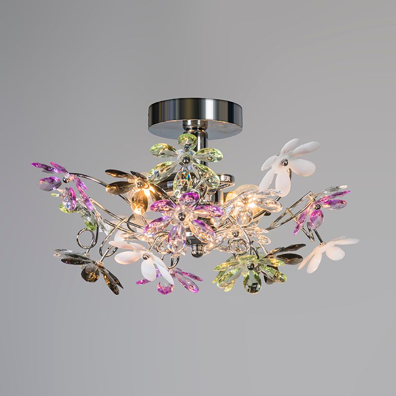 Plafonnière chroom met multicolor kunststof bloemen 38cm - Fiore