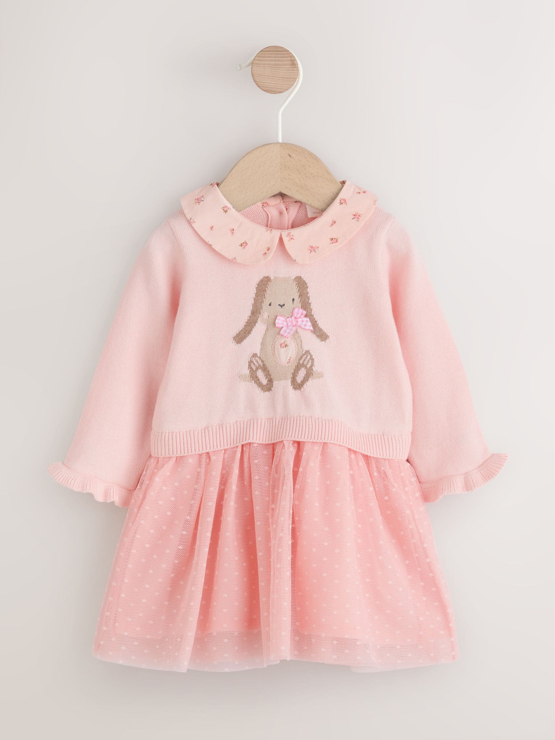 Roze met konijnen - Gebreide tweedelige babyjurk (0mnd-2jr)